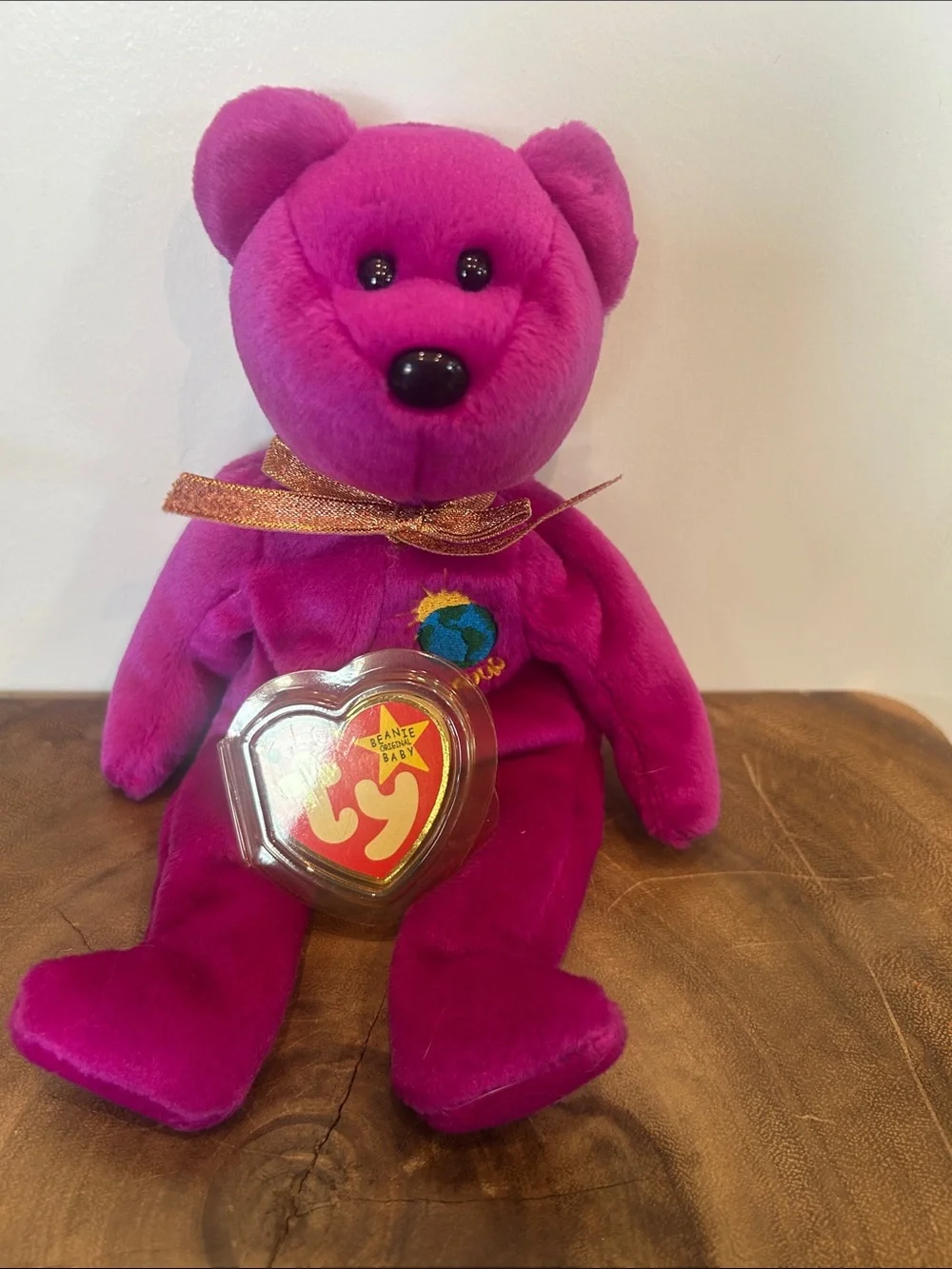 Ty Purple Plush Bear with Embroidered Globe & Ribbon